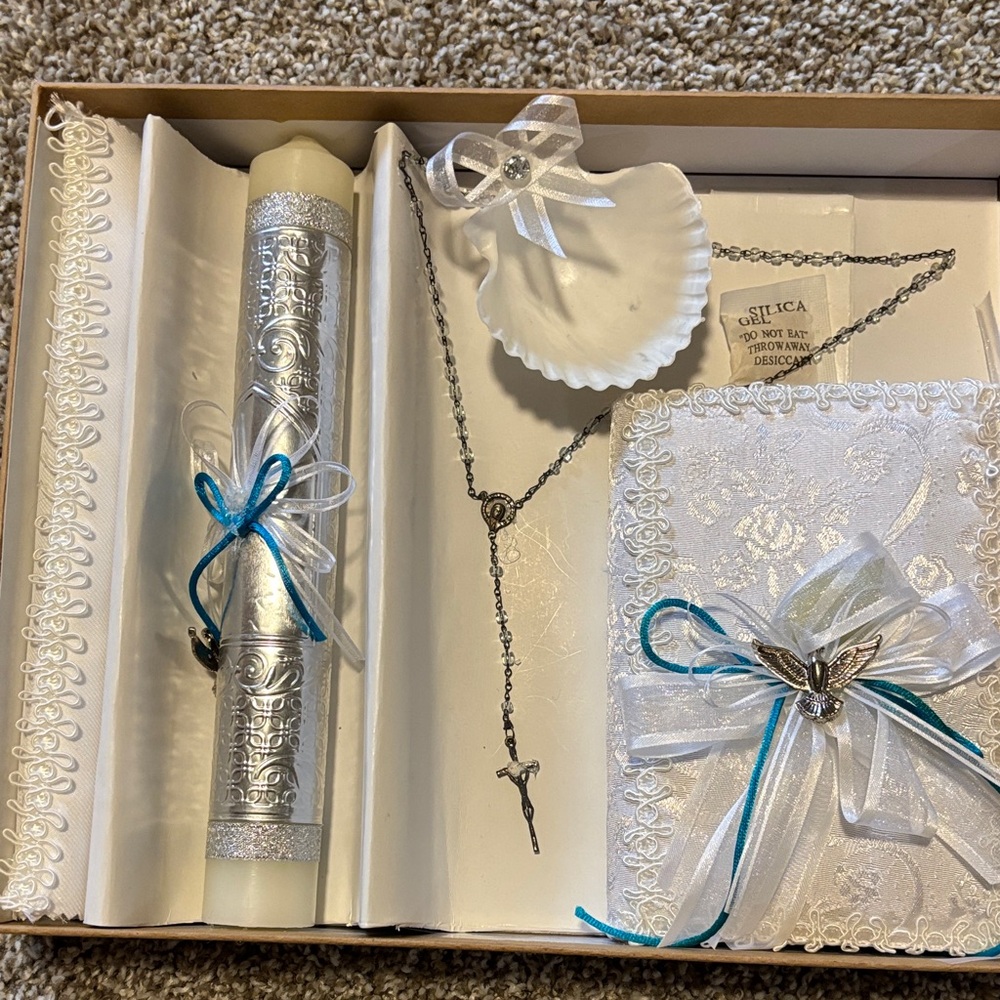 Silver white and ble set for bautizm